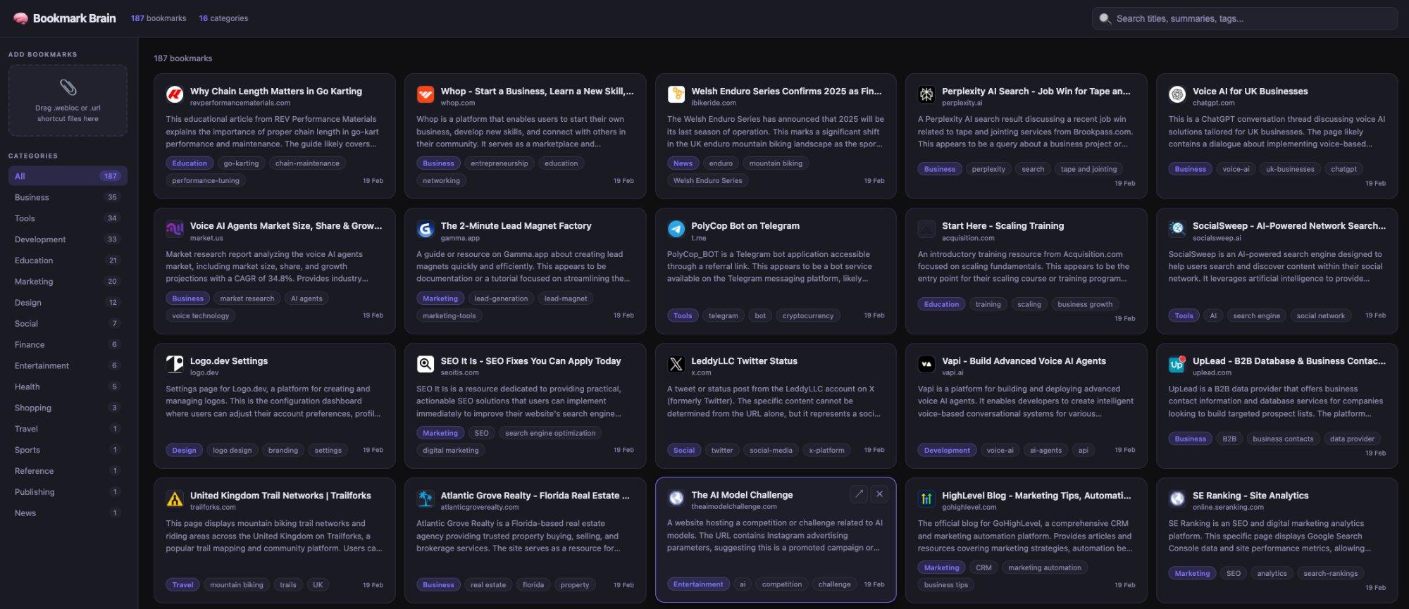 Bookmark Brain — 187 bookmarks, 16 categories, fully searchable